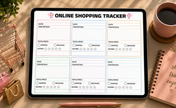 Online shopping tracker with order details and rating boxes on tablet