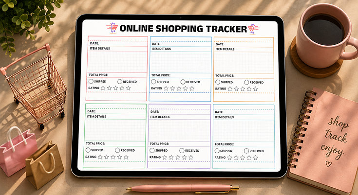 Online shopping tracker with order details and rating boxes on tablet