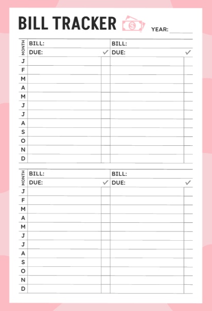 Yearly bill tracker with pink border showing two bill sections, each with 12-month checkboxes for tracking annual payment patterns