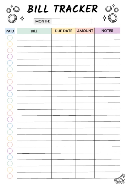 Colorful monthly bill tracker with payment checkboxes, columns for bill name, due date, amount, and notes, decorated with money doodles
