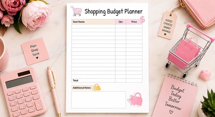 Shopping budget planner template with item quantity and price tracker