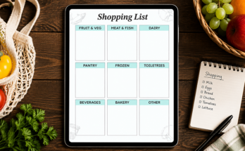 Shopping list organized by fruit veg dairy pantry and beverages