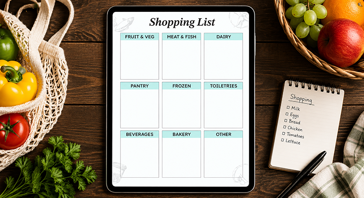 Shopping list organized by fruit veg dairy pantry and beverages