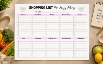 Weekly shopping list for moms organized by produce meat pantry and household