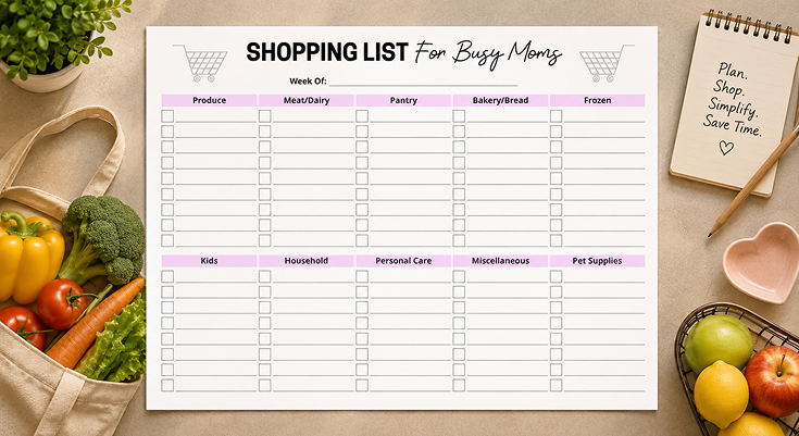 Weekly shopping list for moms organized by produce meat pantry and household