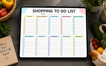 Shopping to do list organized by category like groceries and essentials