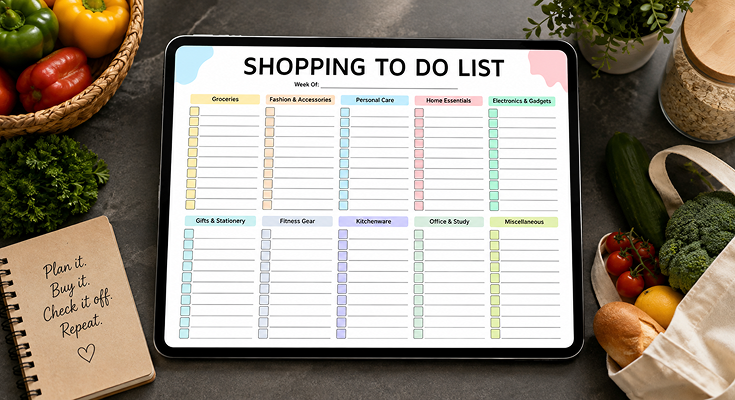Shopping to do list organized by category like groceries and essentials