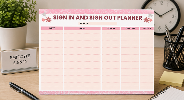 Employee sign in and sign out planner template with initials column