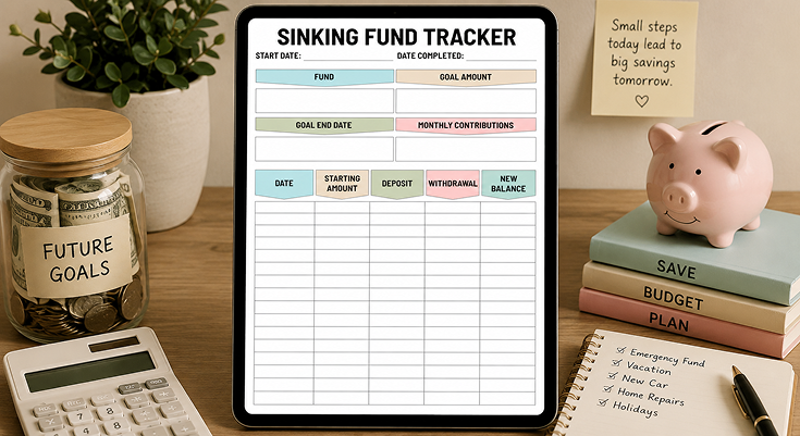 Sinking fund tracker template with goal amount and savings log