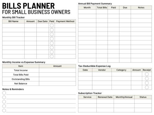 Bills planner for small business with monthly bill tracker, annual payment summary, income vs expense summary, tax-deductible expense log, and subscription tracker