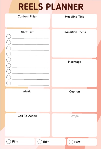 Grid-layout reels planner with peachy design featuring boxes for content pillar, shot list, transitions, hashtags, music, caption, call-to-action, and props
