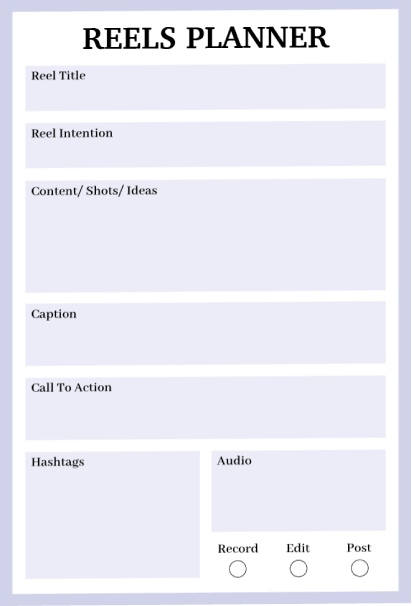 Minimal purple reels planner with sections for title, intention, content ideas, caption, call-to-action, hashtags, audio, and record-edit-post tracker