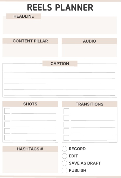 Reels production planner with sections for headline, content pillar, audio, caption, shot checklist, transitions, hashtags, and production status