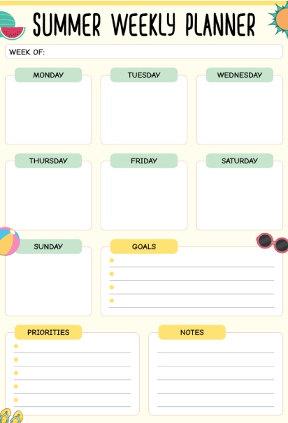 Weekly summer planner with daily boxes, goals, priorities, and notes sections