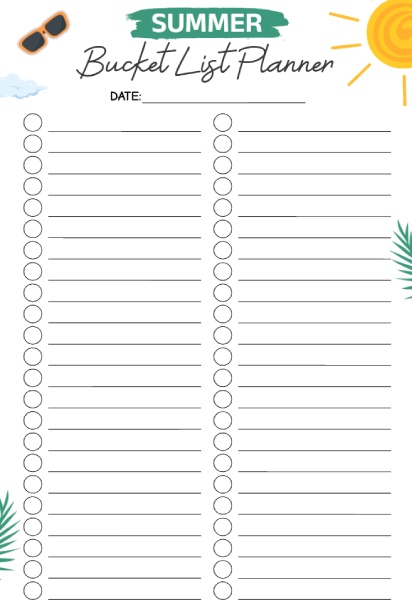Summer bucket list template with two columns of checkboxes