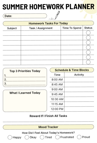 Summer homework planner with task list, schedule, priorities, and mood tracker