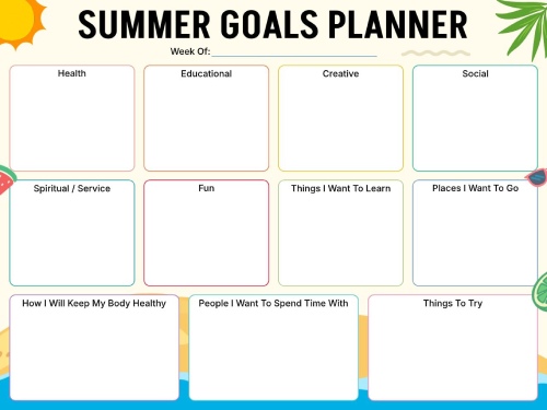 Summer goals planner with sections for health, education, creativity, and social activities