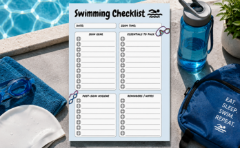 Swimming checklist template with gear and essentials to pack