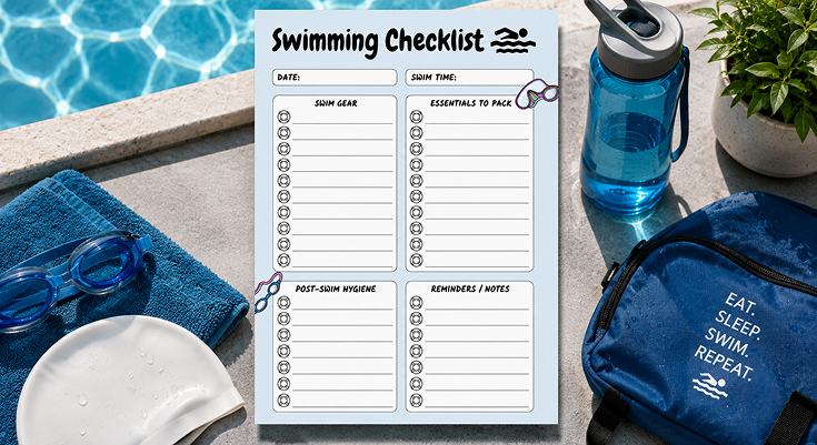 Swimming checklist template with gear and essentials to pack