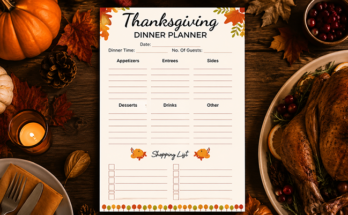 Thanksgiving dinner planner with appetizers entrees sides and shopping list