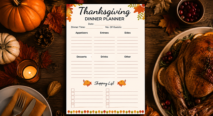Thanksgiving dinner planner with appetizers entrees sides and shopping list