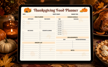 Thanksgiving food planner with menu cooking schedule and dish assignments