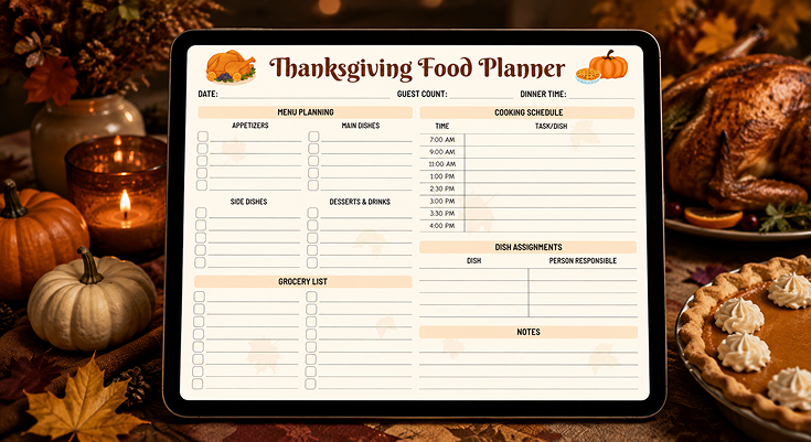 Thanksgiving food planner with menu cooking schedule and dish assignments
