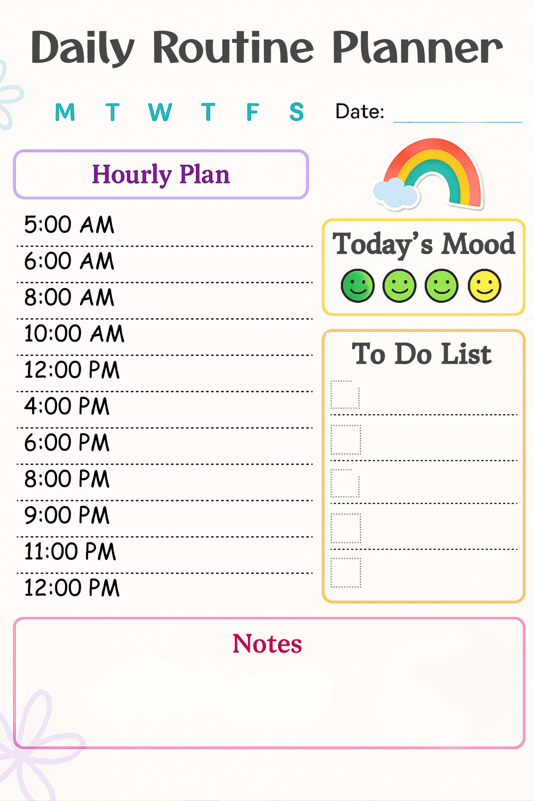 Daily routine planner with hourly schedule, mood tracker, to-do list, and notes sections