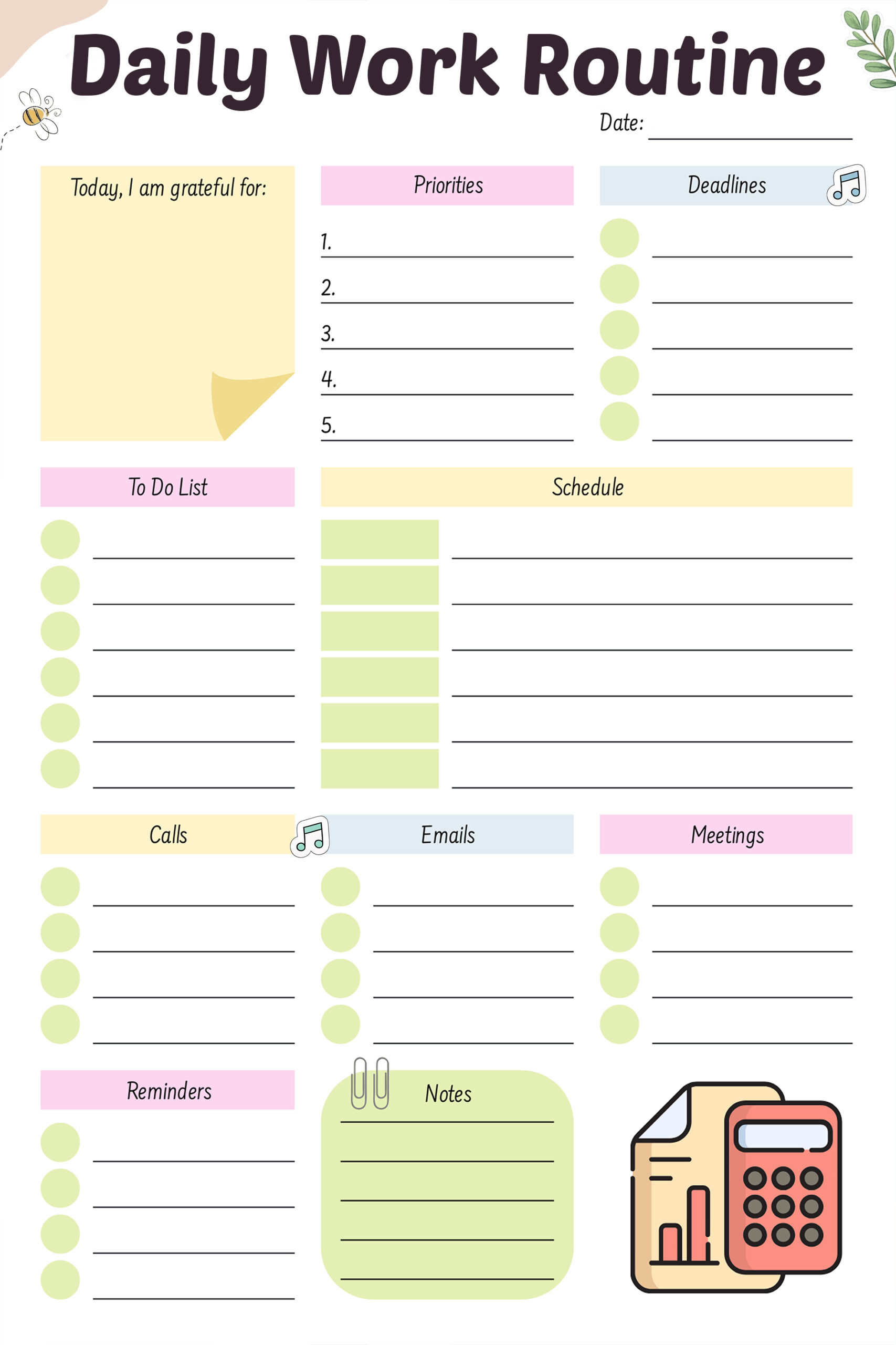 Comprehensive daily work routine with gratitude, priorities, deadlines, schedule, communications tracking, and notes