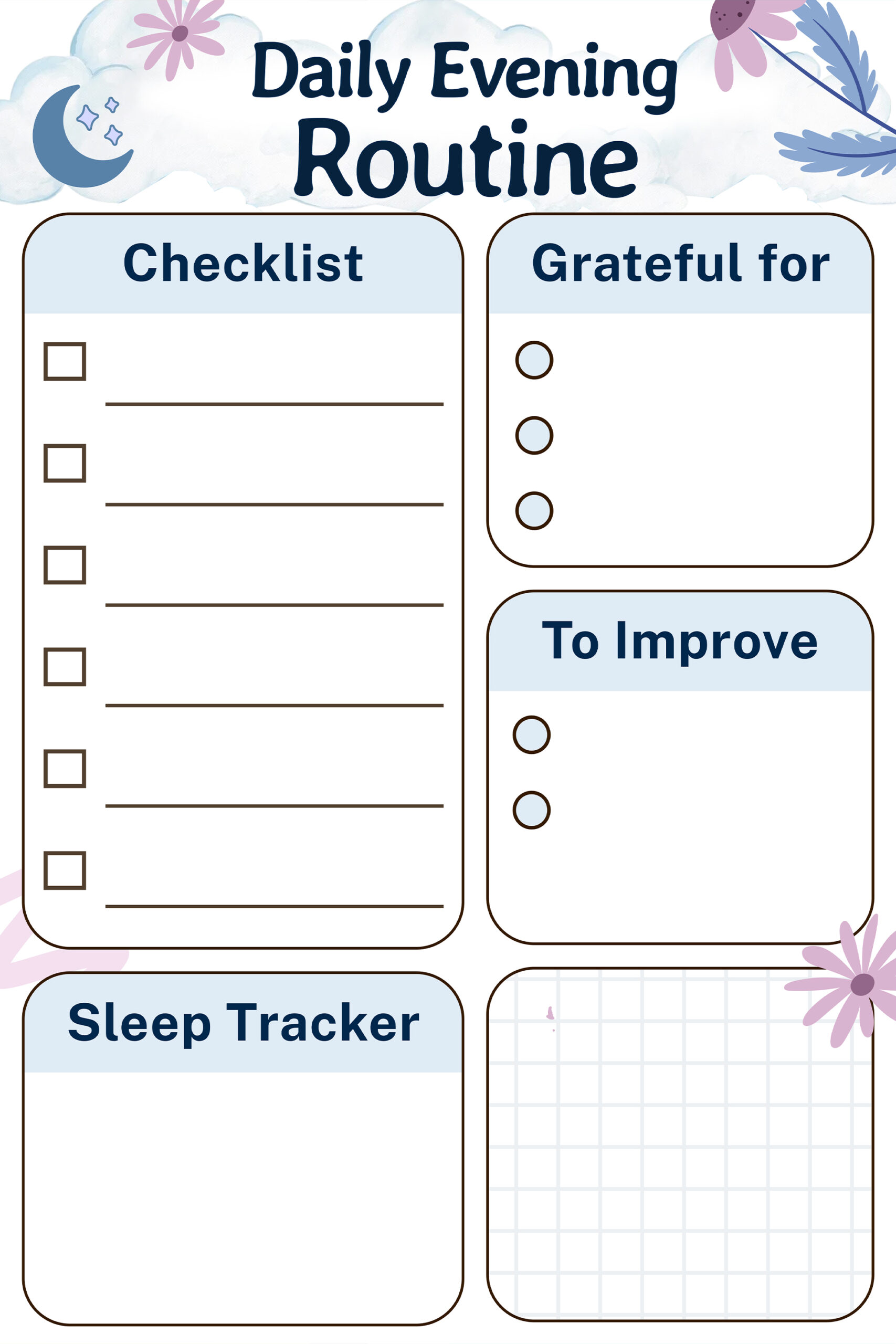 Daily evening routine planner with checklist, gratitude list, improvement goals, and sleep tracker