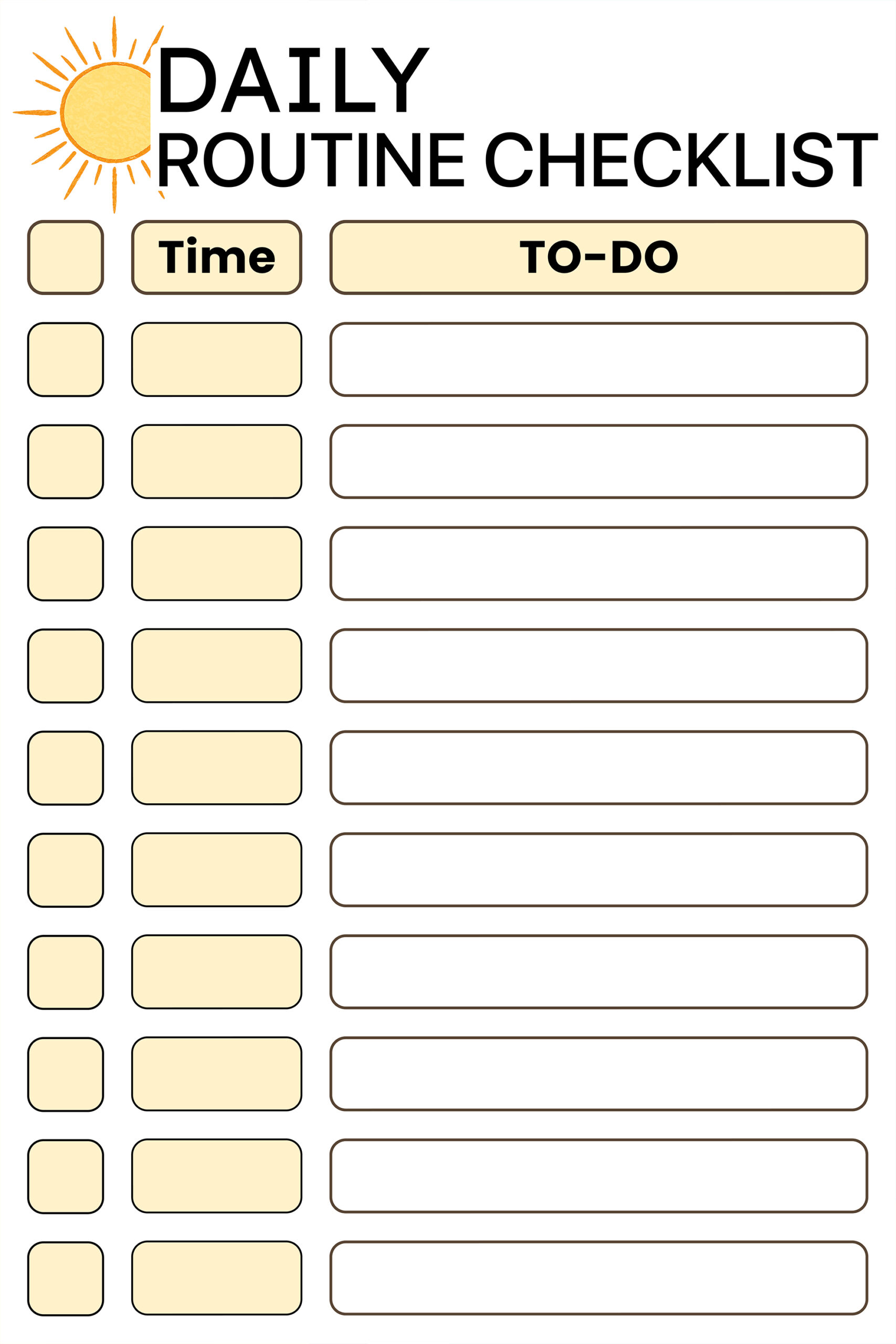 Daily routine checklist with time and task columns and checkboxes