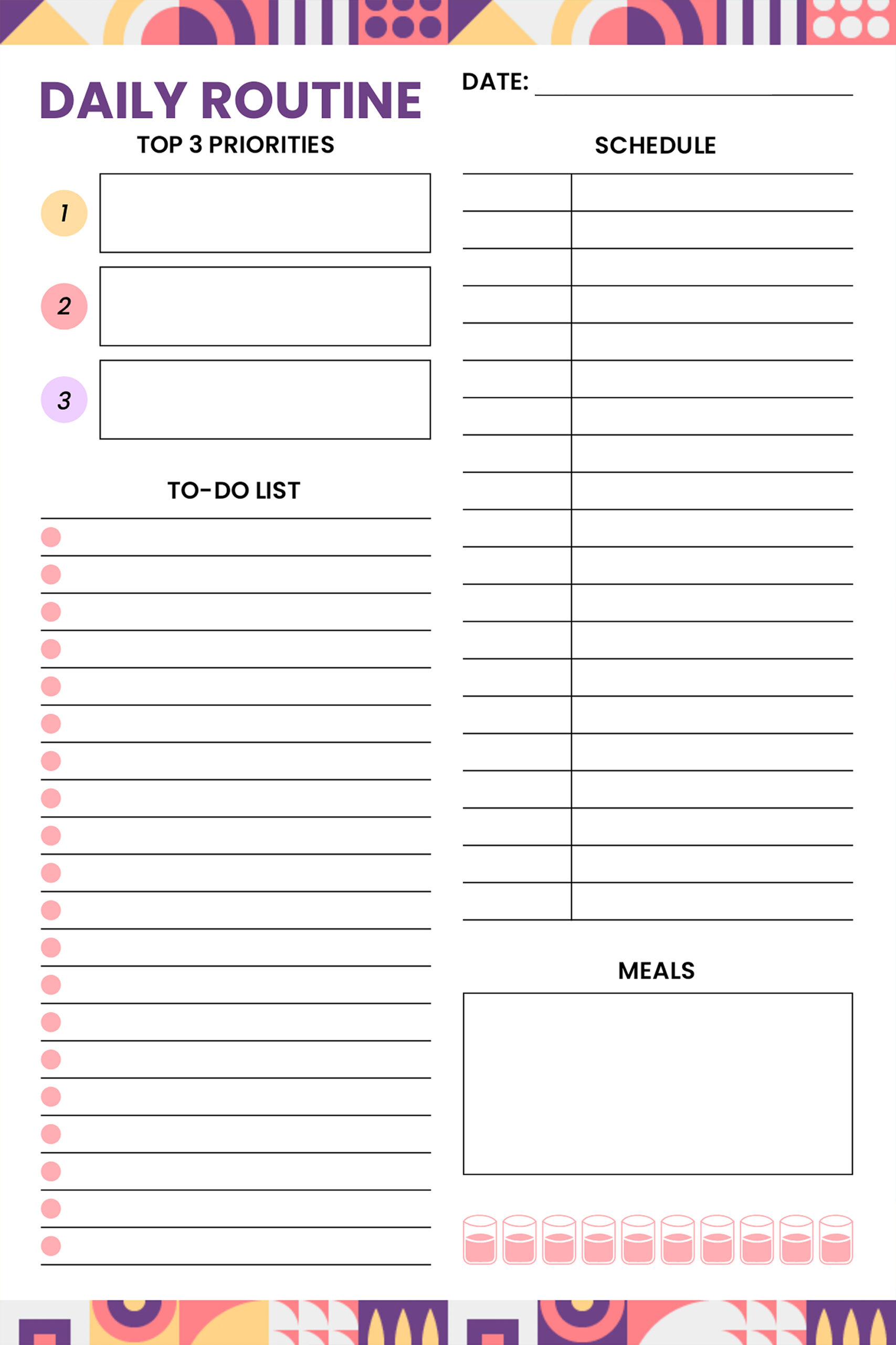 Daily routine planner with top priorities, schedule, to-do list, meals section, and water tracker