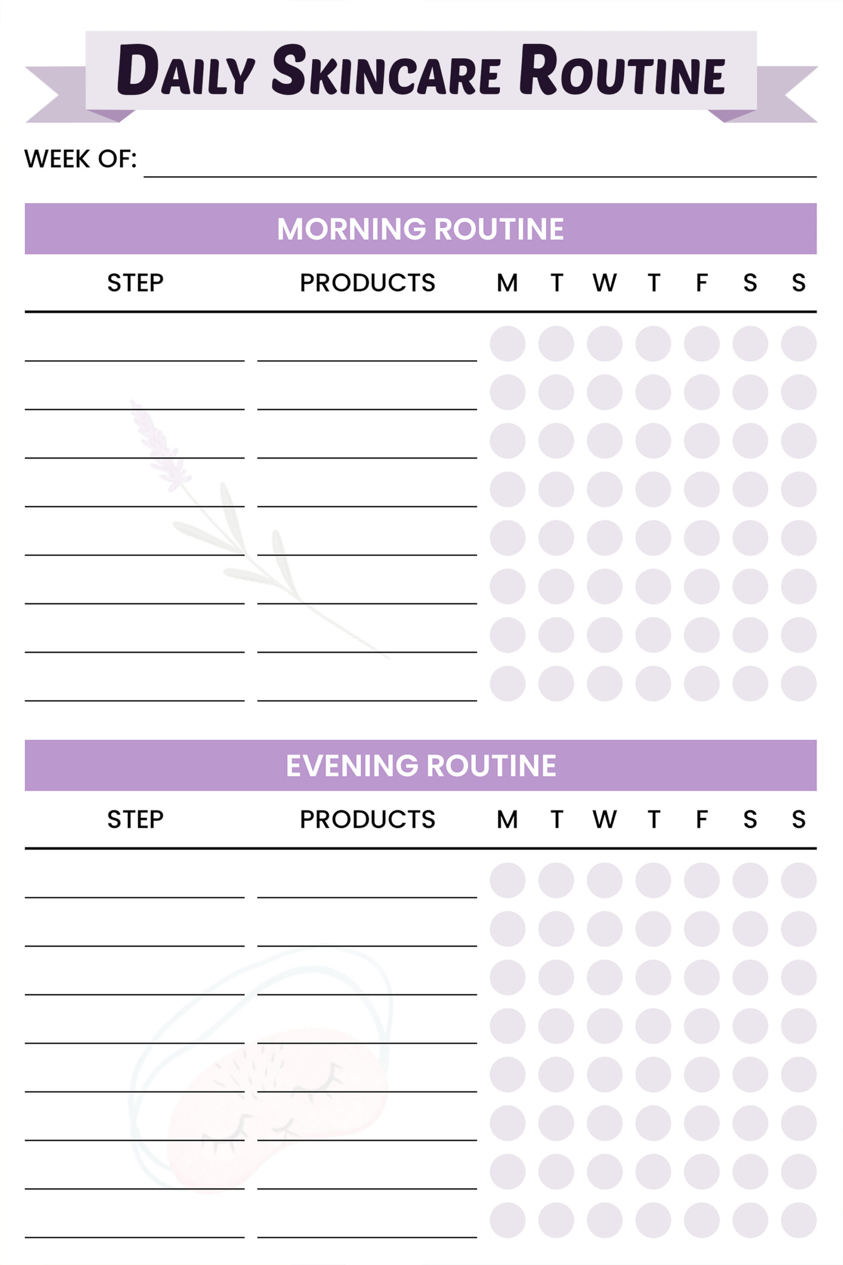Weekly skincare routine tracker with morning and evening sections for steps, products, and daily checkboxes
