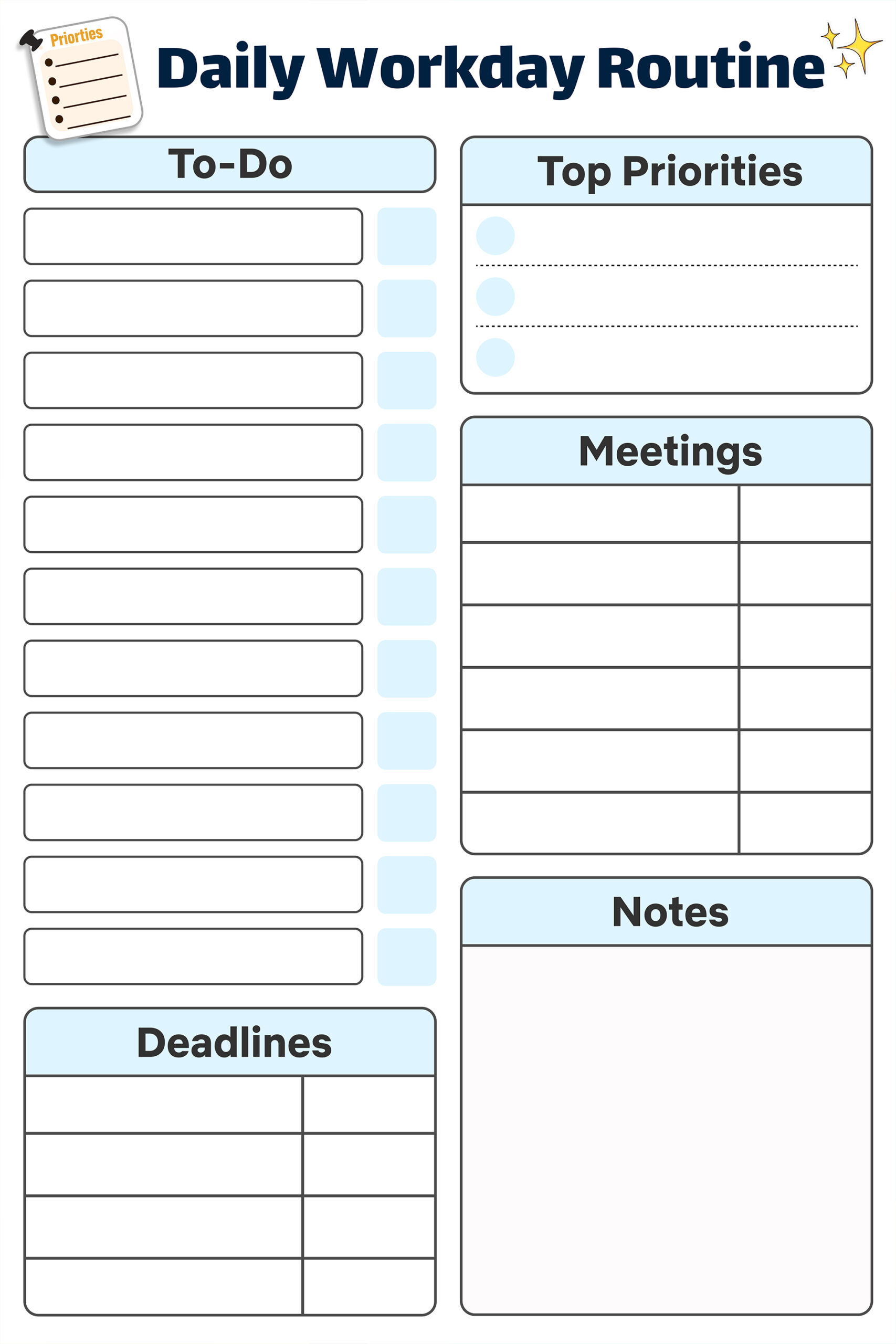 Daily workday routine planner with to-do list, priorities, meetings, deadlines, and notes