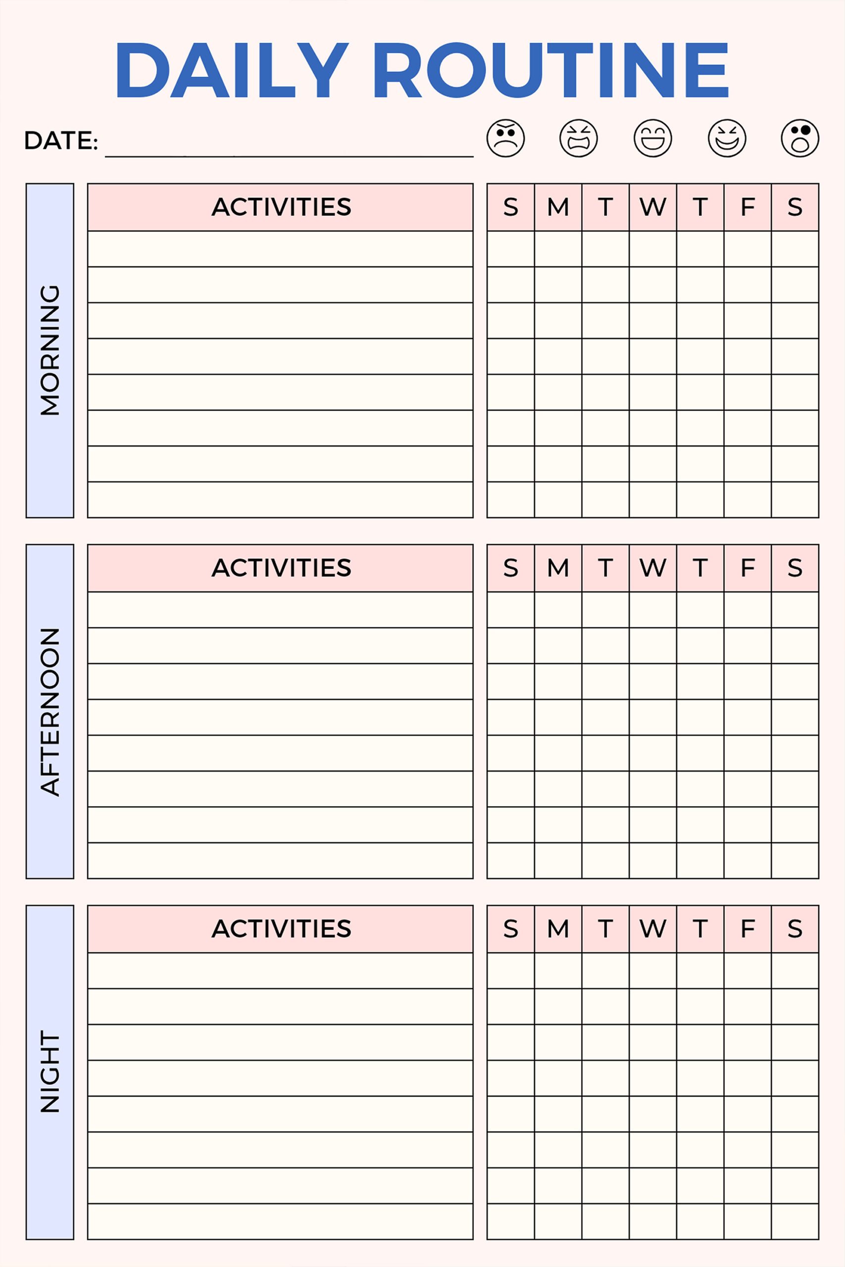 Daily routine tracker separated by morning, afternoon, and night with weekly activity grids