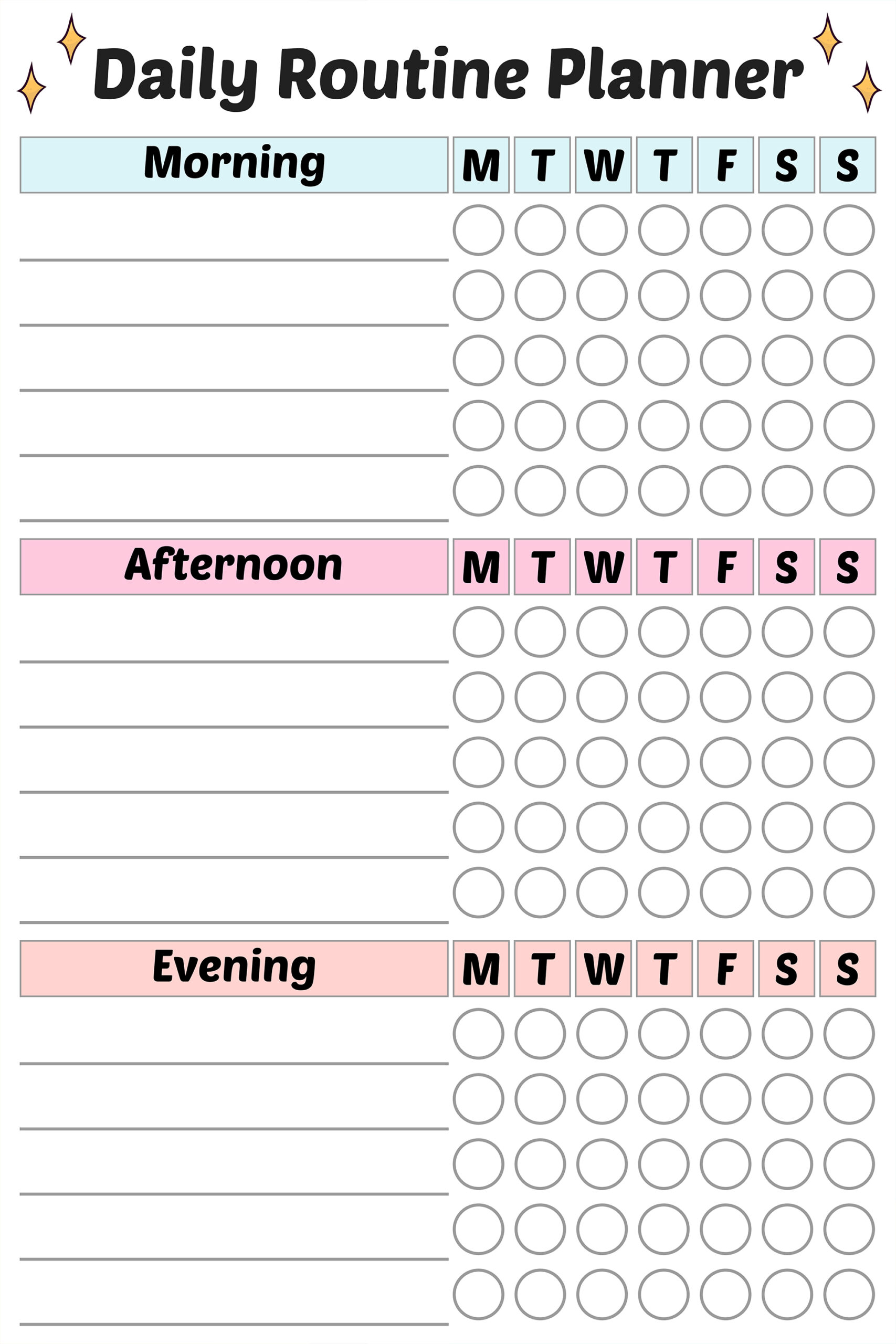 Weekly daily routine planner divided into morning, afternoon, and evening sections with checkboxes