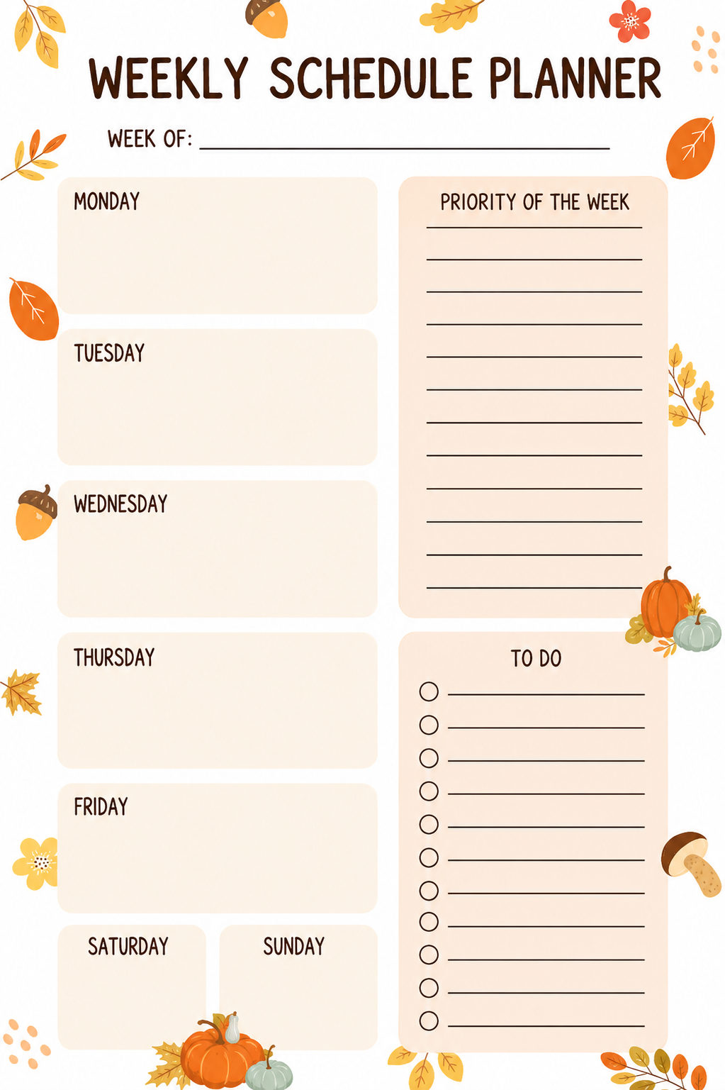 Autumn Weekly Schedule Planner with 7-day boxes, priority of the week section, and to-do checklist on warm beige background with fall leaf design.