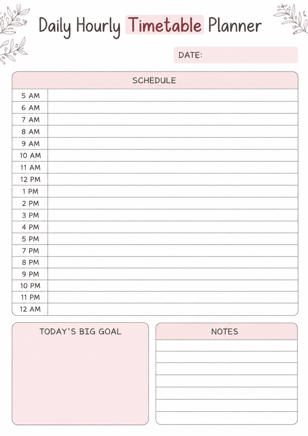 Soft pink botanical daily hourly timetable planner with full schedule, today's big goal section, and notes block.