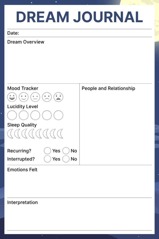 Deep Sleep Dream Journal on navy blue background with mood emoji tracker, lucidity scale, sleep quality tracker, recurring dream checkbox, people section, and interpretation space.