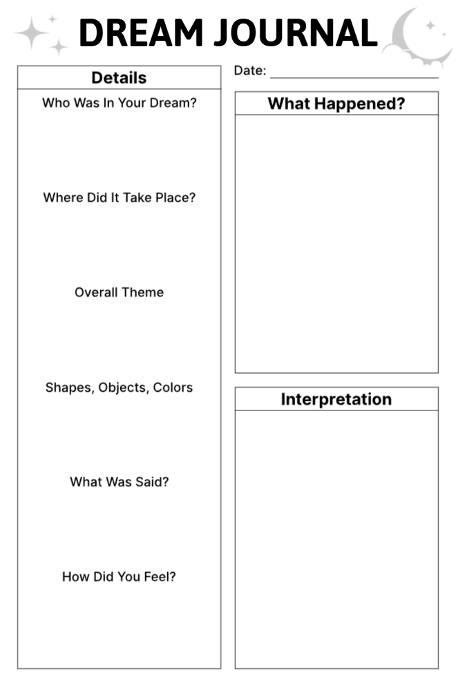 Dream Details Journal in black and white with star and moon design, two-column layout featuring a details sidebar, what happened narrative box, and interpretation section.