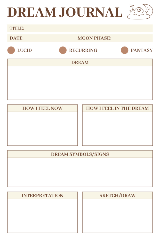 Dream and Soul Journal in warm beige with title field, moon phase, dream type, dual feeling comparison boxes, symbols section, interpretation, and sketch box.