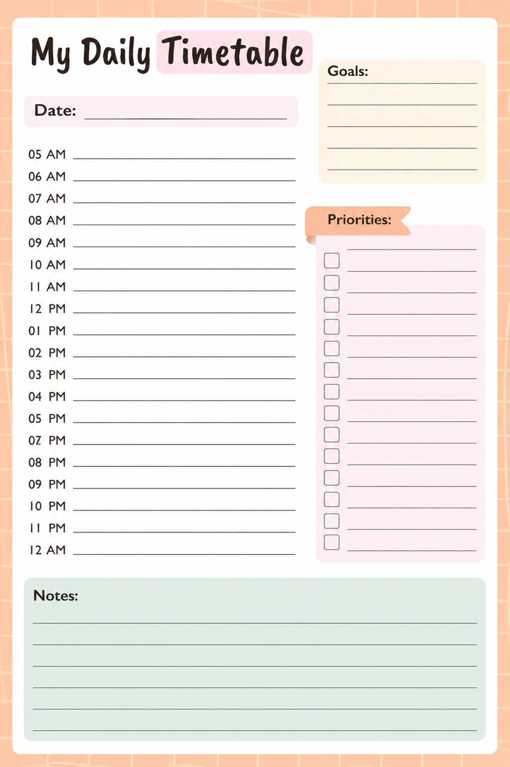 Peach daily timetable with hourly schedule from 5 AM to 12 AM, goals section, priority checklist, and mint green notes block.