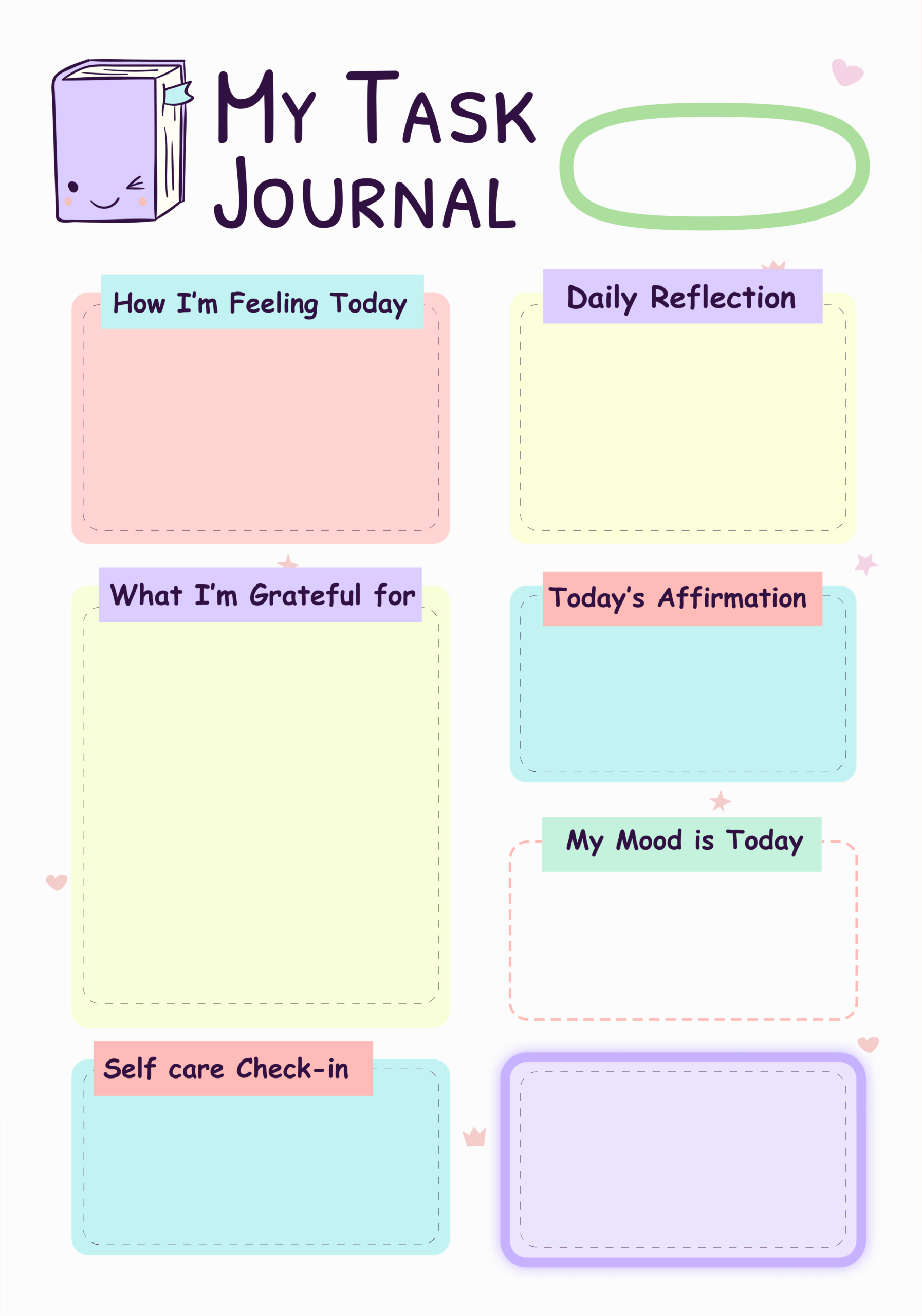 My Task Journal daily wellness planner with pastel pink, yellow, teal, and purple sections for feelings, reflection, gratitude, affirmation, mood, and self-care on a soft white background with kawaii book illustration.