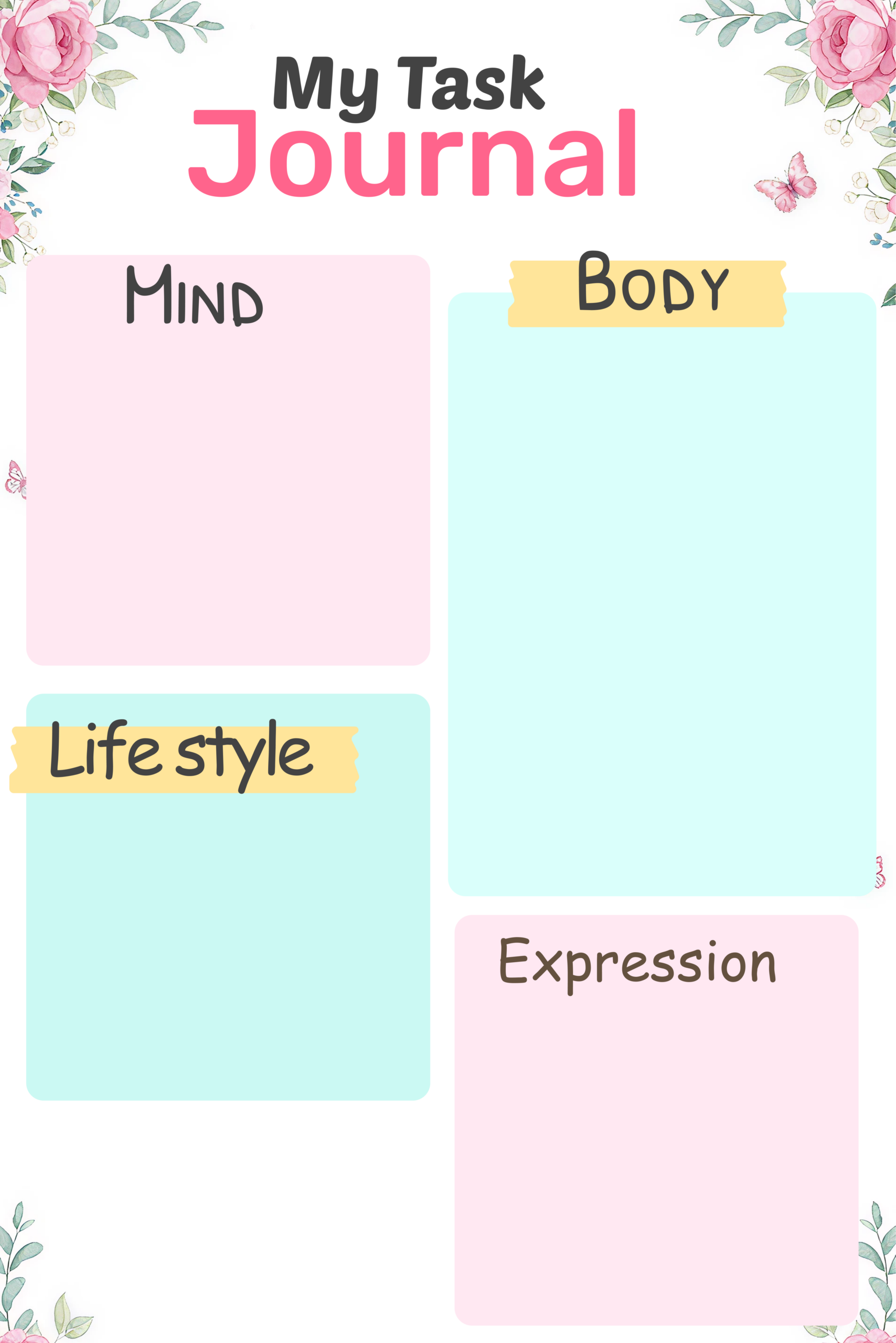 My Task Journal wellness page with pink and hot pink title, watercolor rose and butterfly decorations, four pastel sections labeled Mind, Body, Lifestyle, and Expression on a white background.