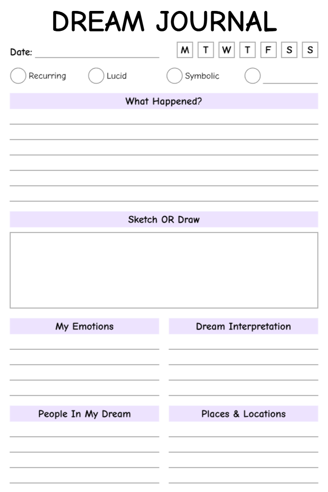 Sketch Your Dreams Journal in soft purple with day tracker, dream type selector, large central sketch box, emotions, interpretation, people, and places sections.