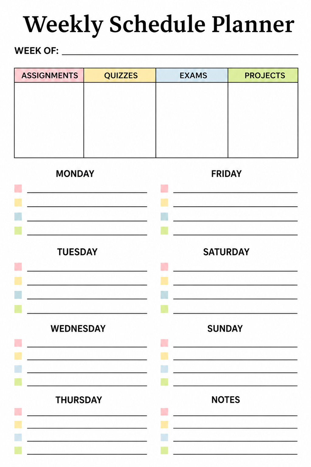 Student Weekly Schedule Planner with 4-column academic tracker, 7-day color-coded task sections, and notes area on white background.