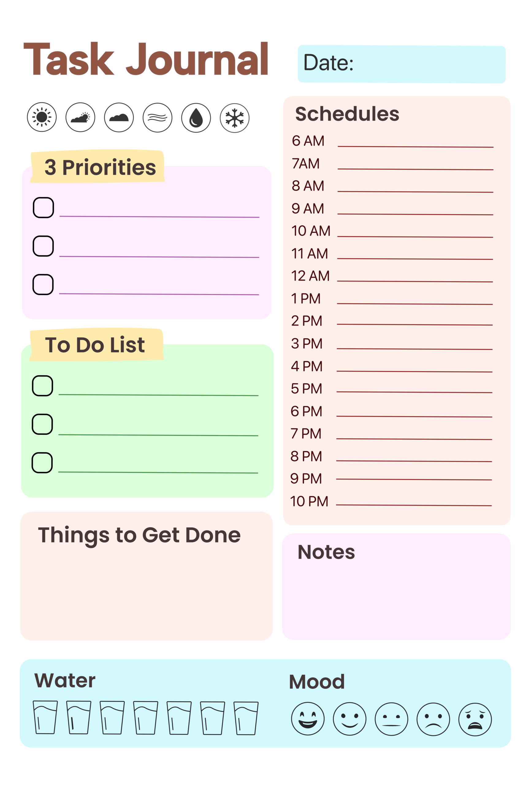 Task Journal daily planner with weather icons, purple 3-priorities section, green to-do list, hourly schedule from 6 AM to 10 PM, things to get done, notes, water glass tracker, and mood emoji row on warm pastel background.