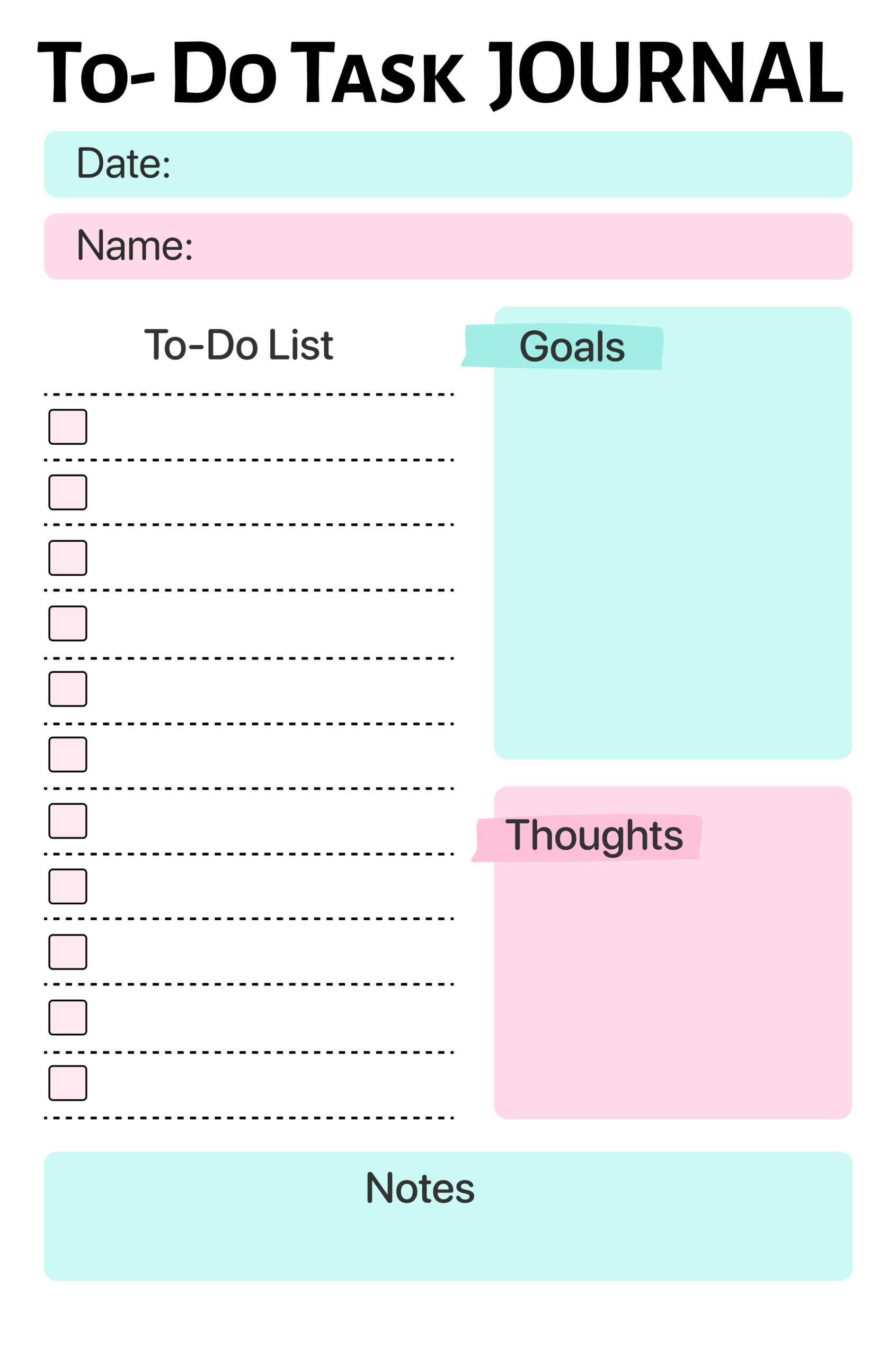To-Do Task Journal with bold black title, mint green date bar, pink name bar, checkbox to-do list on left, goals and thoughts sections in mint and pink on right, notes bar at bottom.