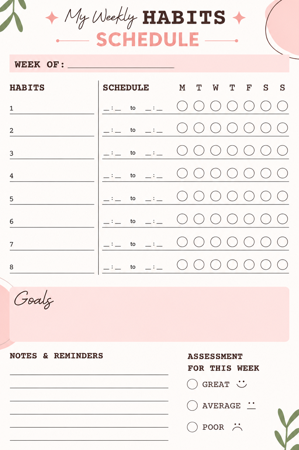 Weekly Habits Schedule in pink and cream with 8 habit rows, 7-day circle trackers, goals section, and weekly assessment checkboxes.
