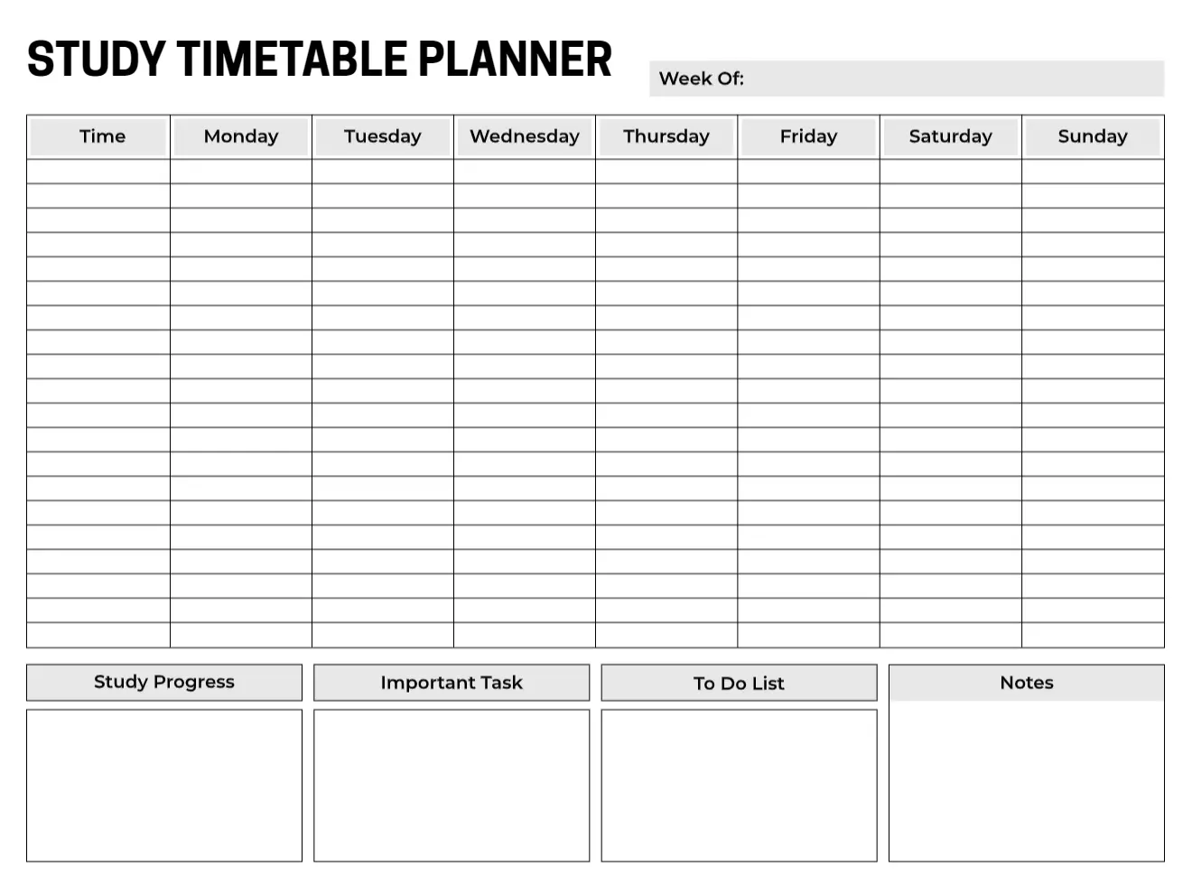Black-and-white weekly study timetable planner with full Mon-Sun schedule grid and four summary sections for progress, tasks, to-do list, and notes.
